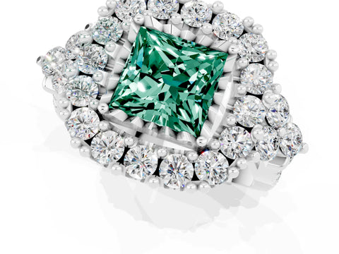 White gold Princess Cut Green Sapphire Halo Ring with Pavé Band and Four-Prong Setting_13