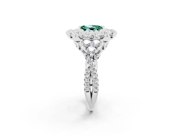 Platinum Princess Cut Green Sapphire Halo Ring with Pavé Band and Four-Prong Setting