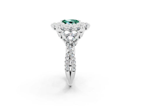 White gold Princess Cut Green Sapphire Halo Ring with Pavé Band and Four-Prong Setting_14