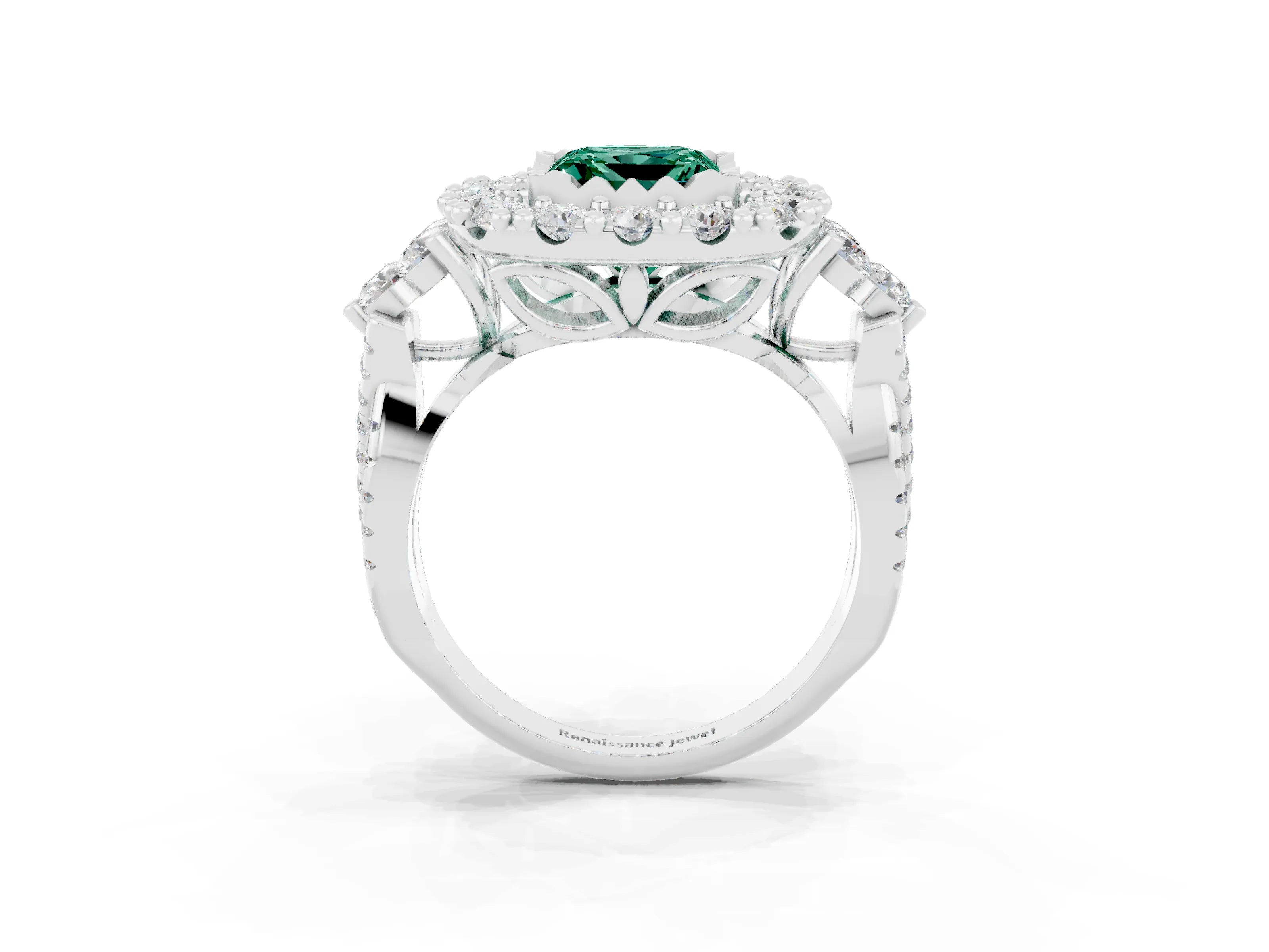 White gold Princess Cut Green Sapphire Halo Ring with Pavé Band and Four-Prong Setting_15