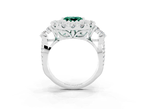 Platinum Princess Cut Green Sapphire Halo Ring with Pavé Band and Four-Prong Setting