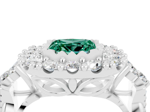 White gold Princess Cut Green Sapphire Halo Ring with Pavé Band and Four-Prong Setting_16