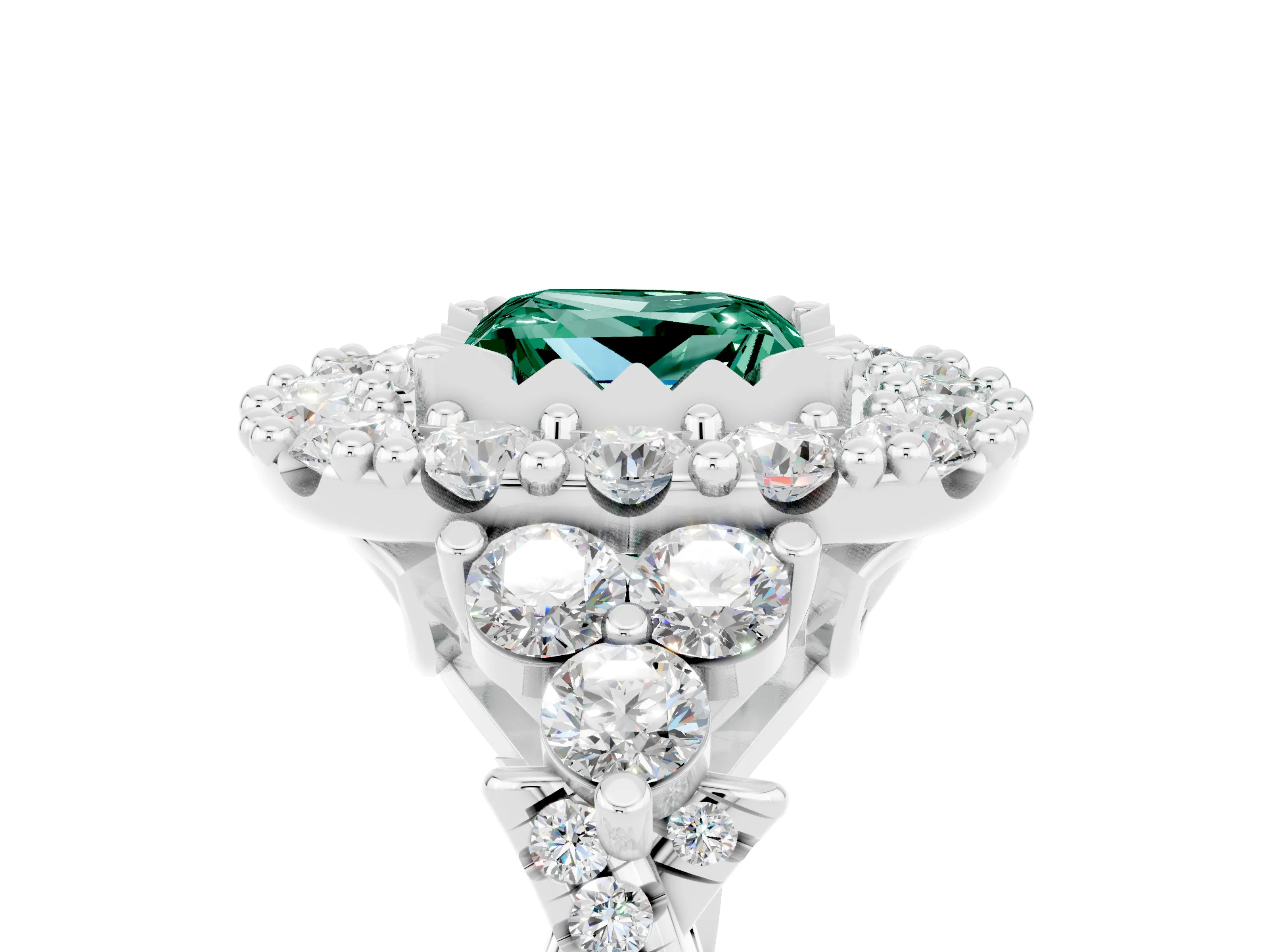 White gold Princess Cut Green Sapphire Halo Ring with Pavé Band and Four-Prong Setting_17