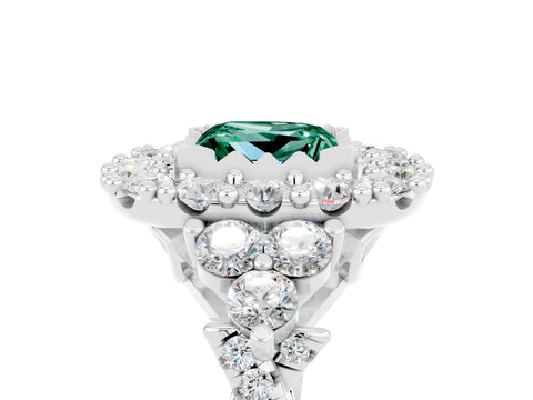 White gold Princess Cut Green Sapphire Halo Ring with Pavé Band and Four-Prong Setting_17