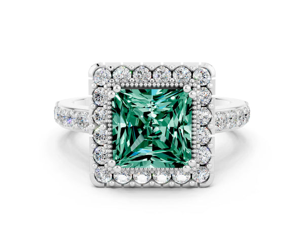 Platinum Princess Cut Green Sapphire Halo Ring with Pavé Band and Prong Setting