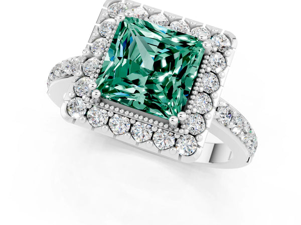 Platinum Princess Cut Green Sapphire Halo Ring with Pavé Band and Prong Setting