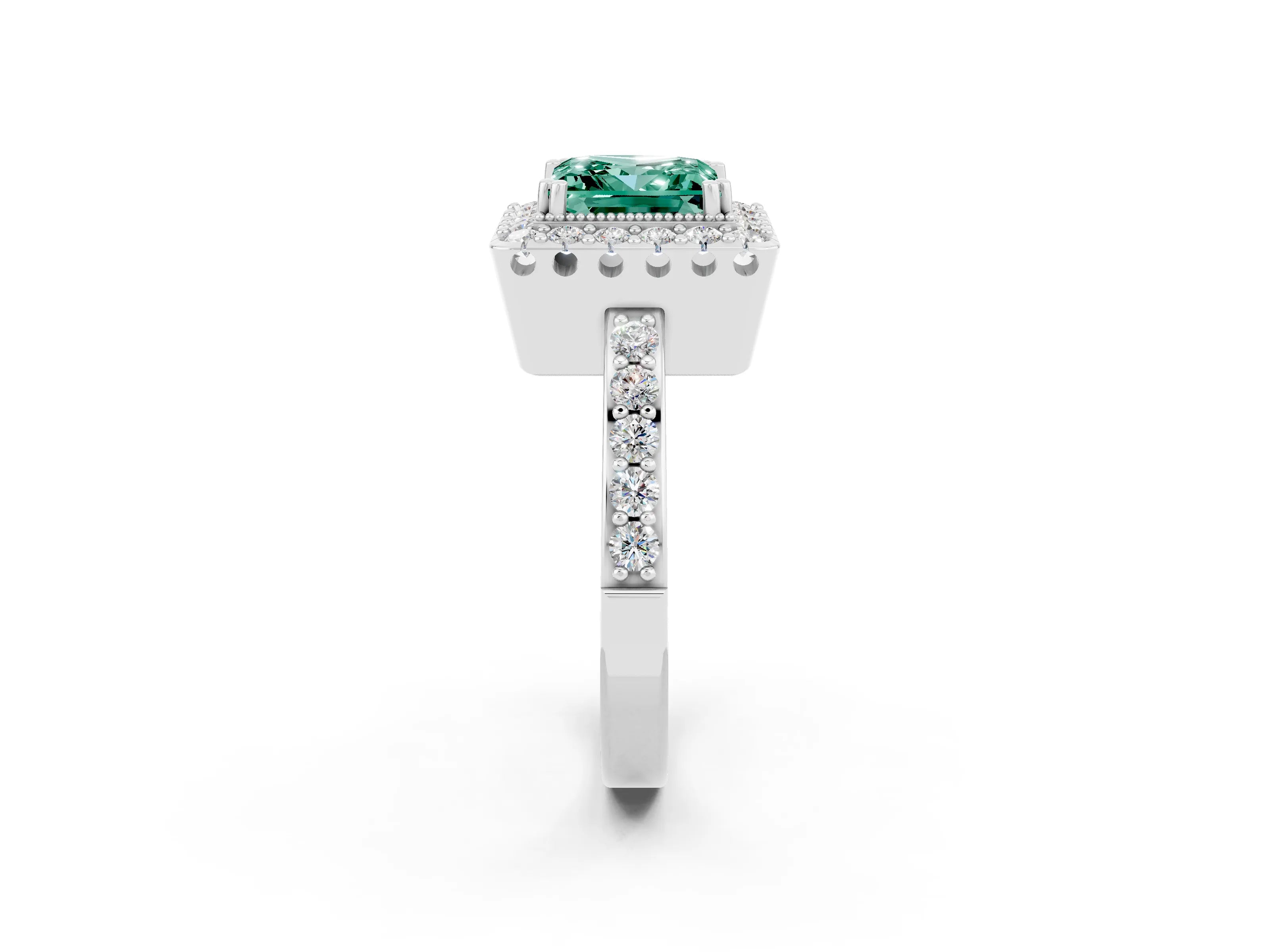 White gold Princess Cut Green Sapphire Halo Ring with Pavé Band and Prong Setting_2