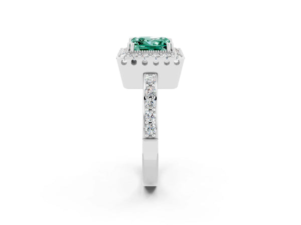 Platinum Princess Cut Green Sapphire Halo Ring with Pavé Band and Prong Setting
