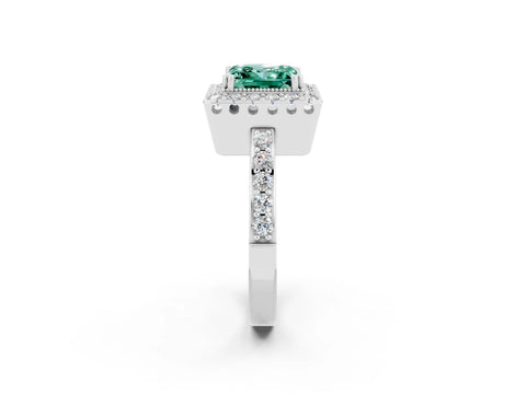 White gold Princess Cut Green Sapphire Halo Ring with Pavé Band and Prong Setting_2