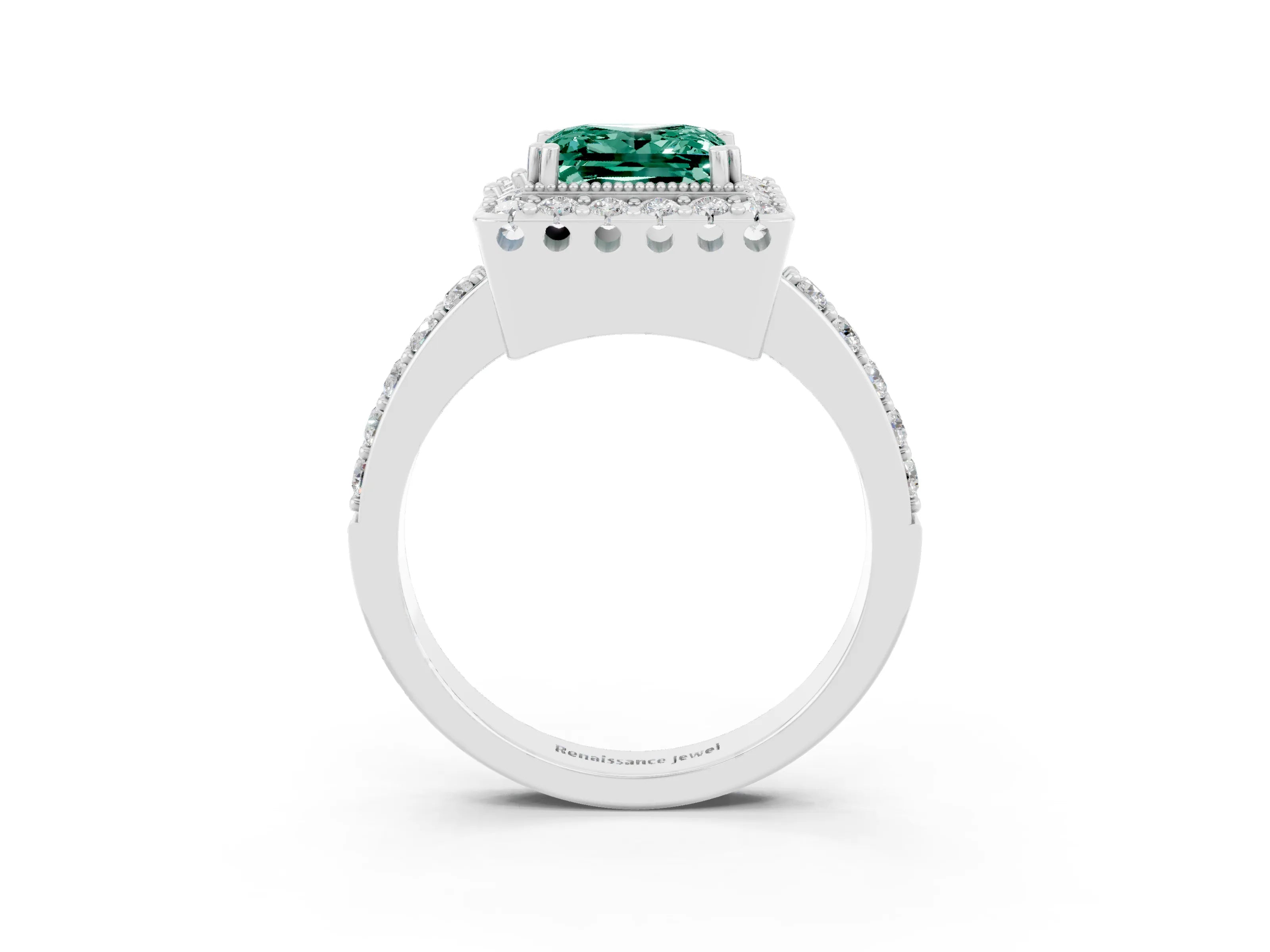 White gold Princess Cut Green Sapphire Halo Ring with Pavé Band and Prong Setting_3