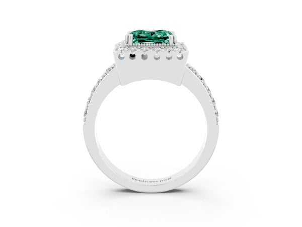 Platinum Princess Cut Green Sapphire Halo Ring with Pavé Band and Prong Setting