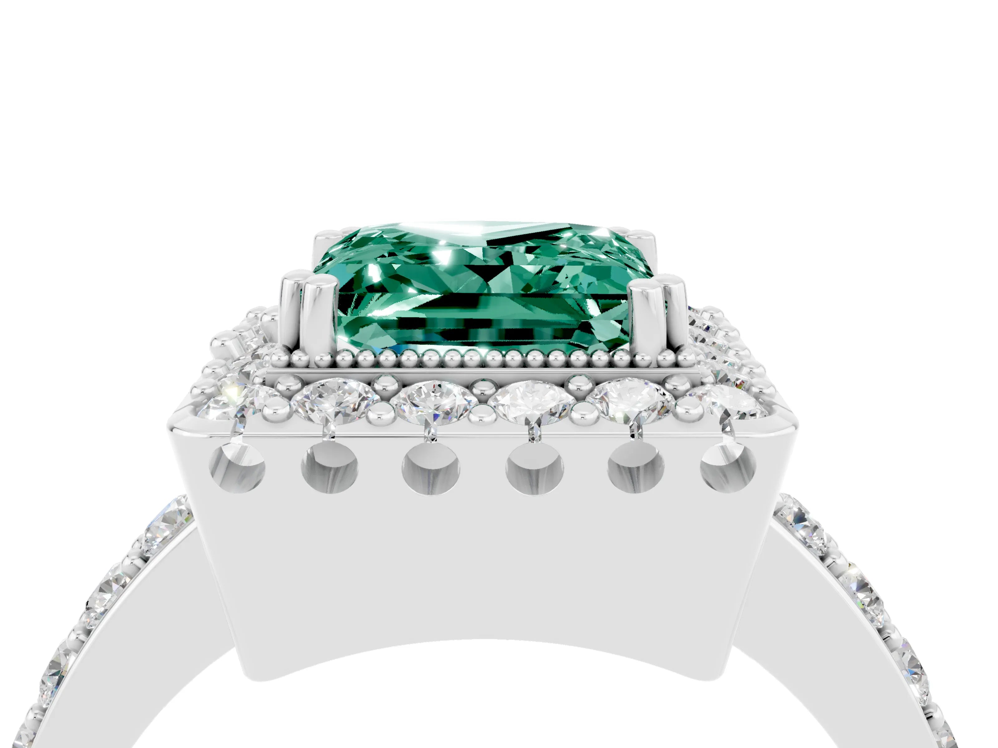 White gold Princess Cut Green Sapphire Halo Ring with Pavé Band and Prong Setting_4