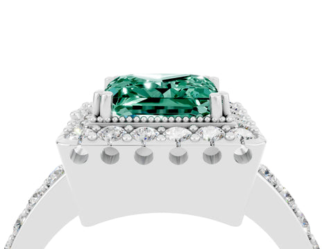 White gold Princess Cut Green Sapphire Halo Ring with Pavé Band and Prong Setting_4