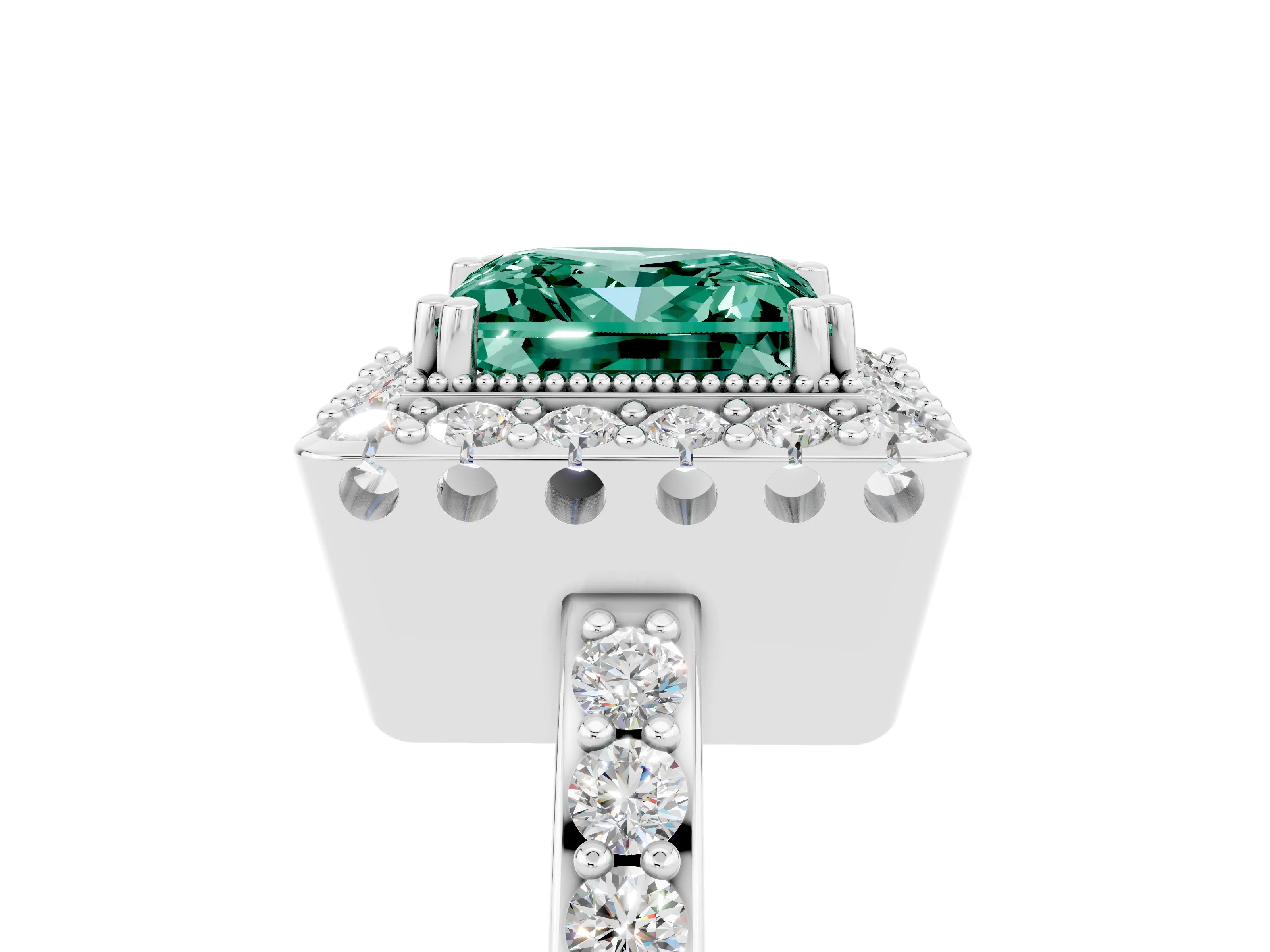 White gold Princess Cut Green Sapphire Halo Ring with Pavé Band and Prong Setting_5