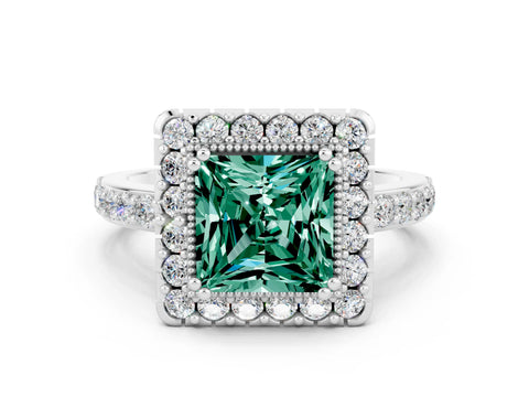 White gold Princess Cut Green Sapphire Halo Ring with Pavé Band and Prong Setting