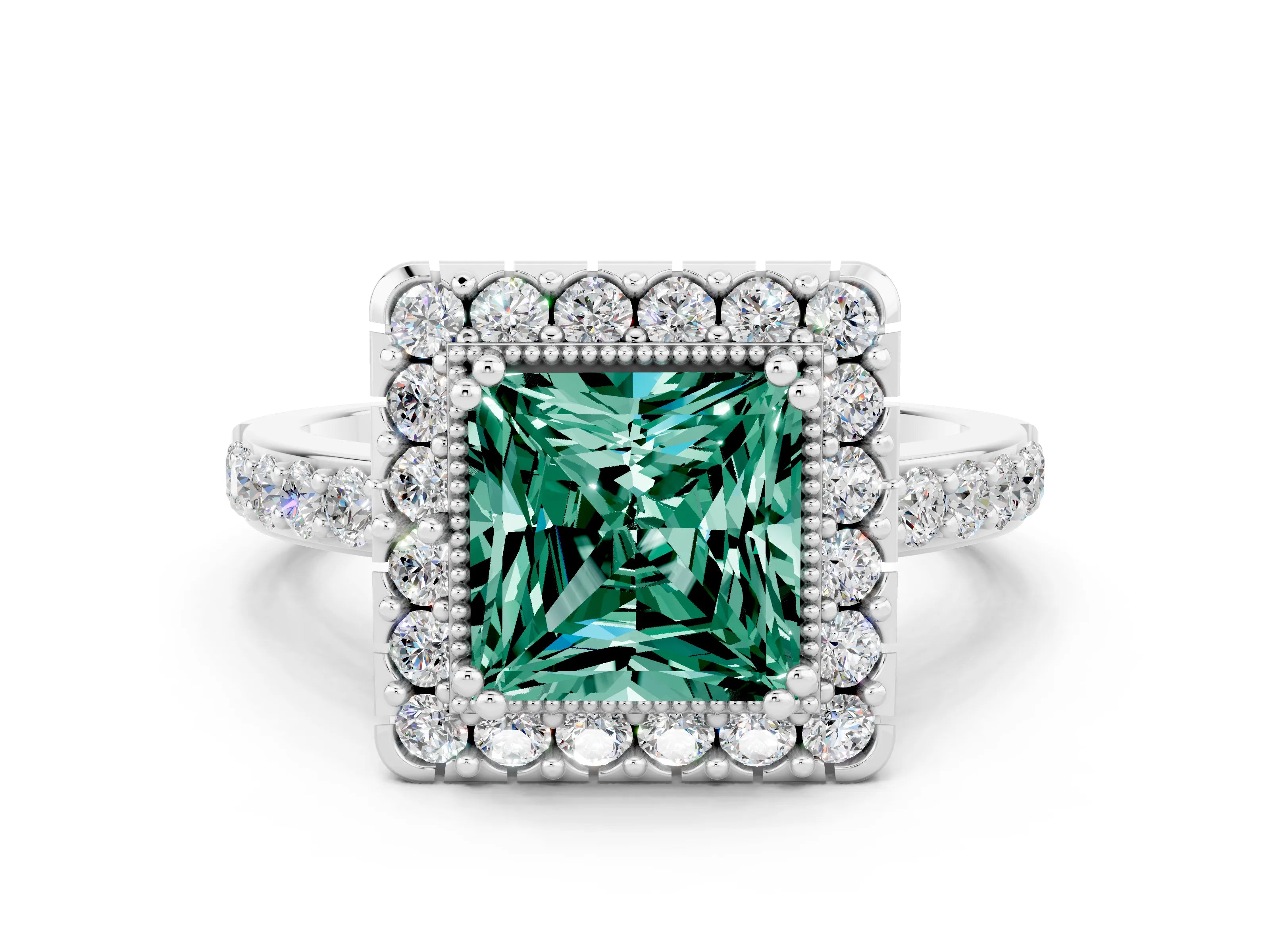 White gold Princess Cut Green Sapphire Halo Ring with Pavé Band and Prong Setting