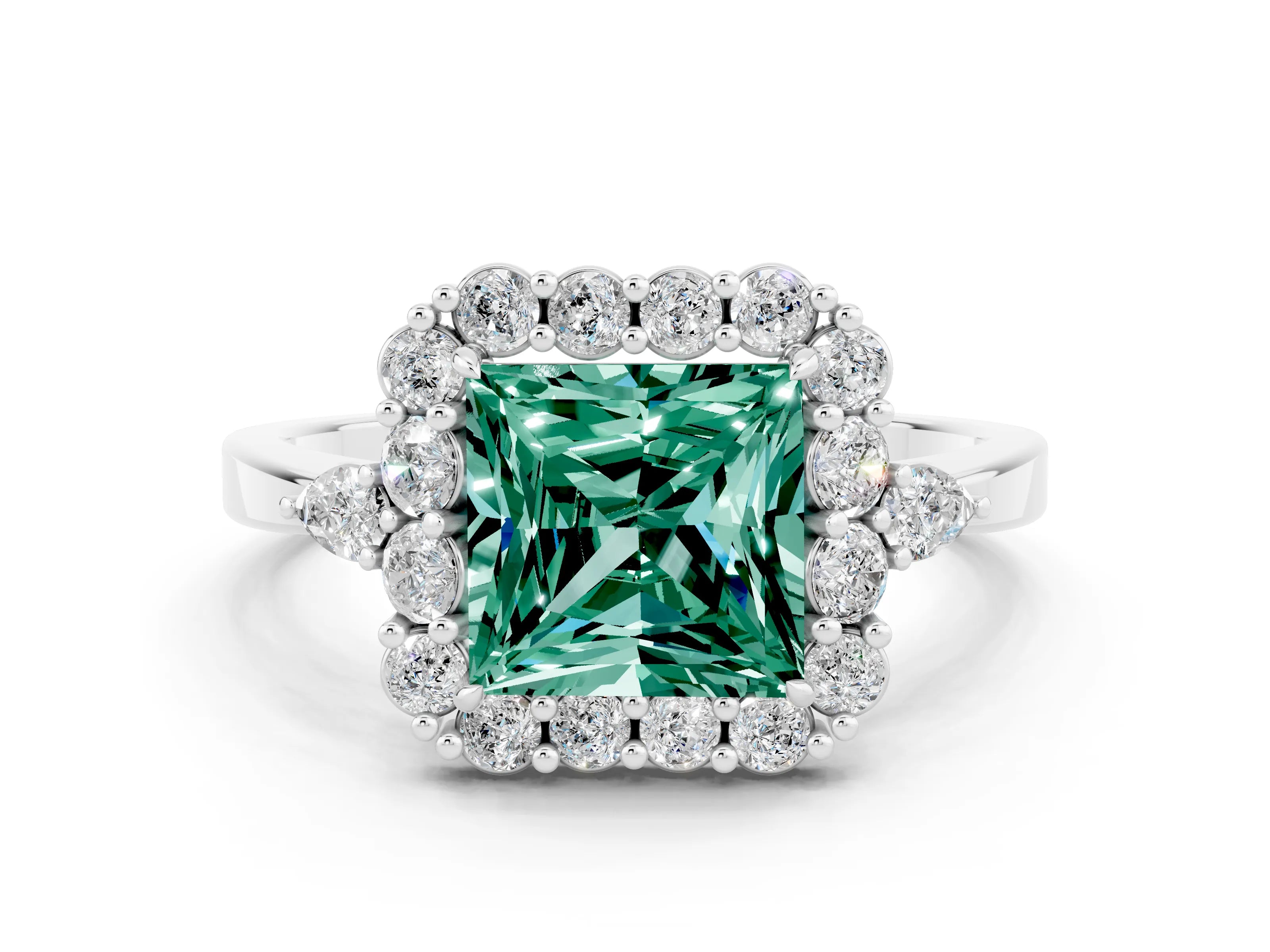 White gold Princess Cut Green Sapphire Halo Ring with Pear Side Stones and Prong Setting_24
