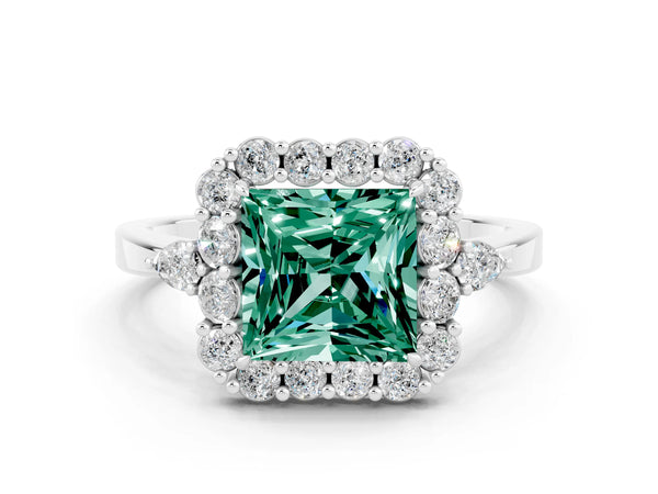 Silver Princess Cut Green Sapphire Halo Ring with Pear Side Stones and Prong Setting