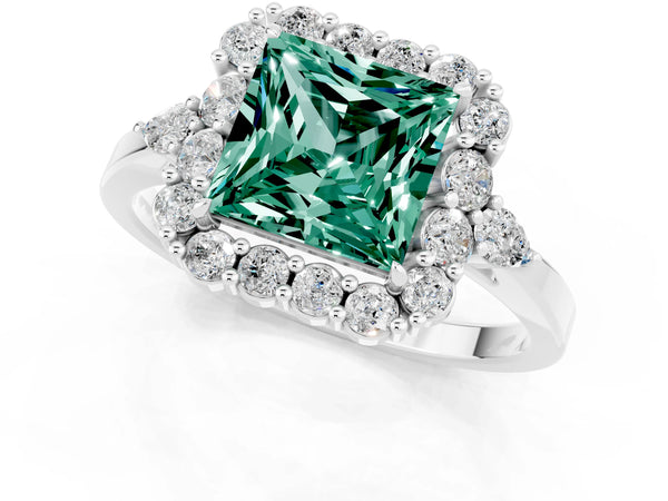 White gold Princess Cut Green Sapphire Halo Ring with Pear Side Stones and Prong Setting