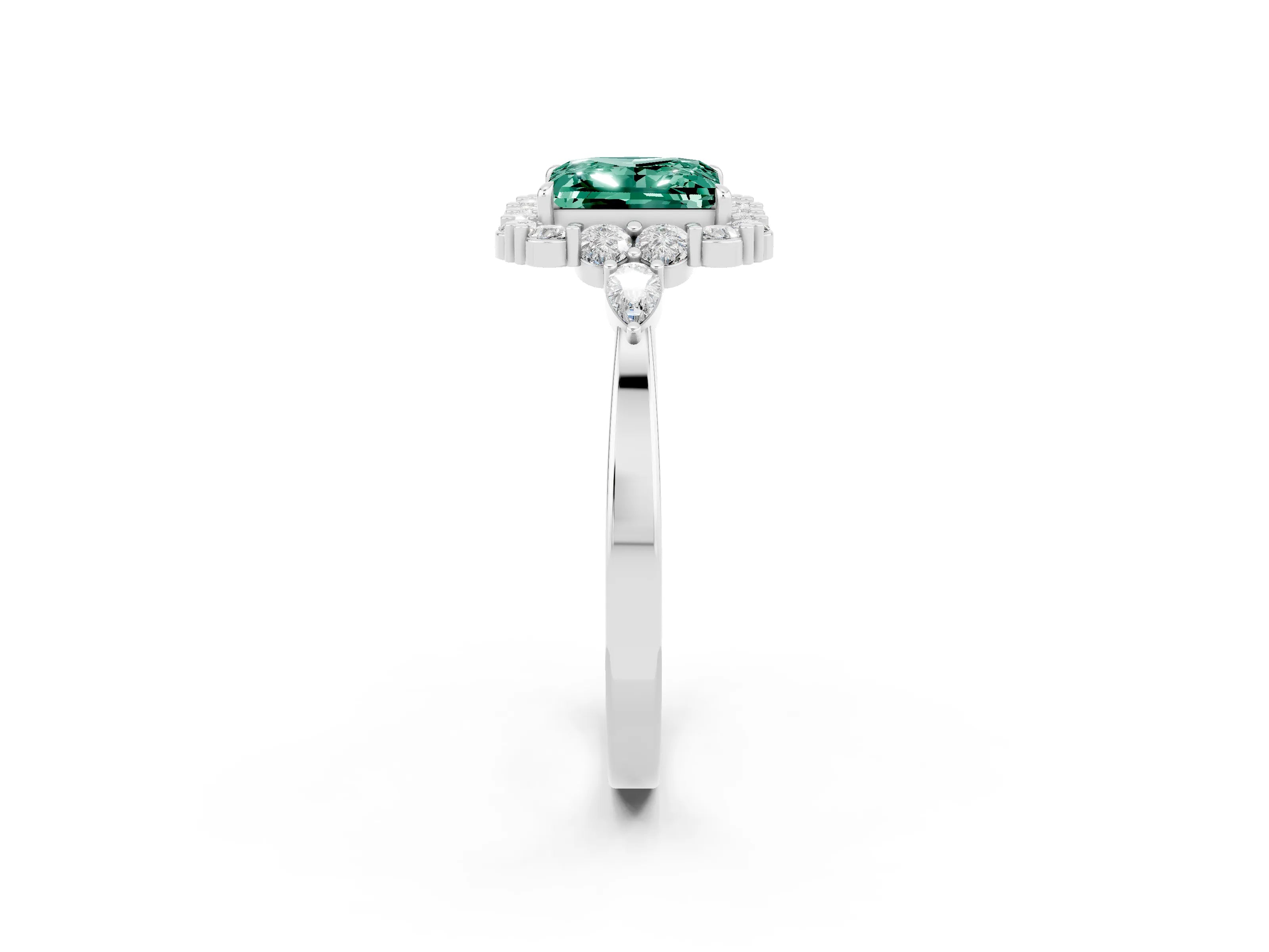 White gold Princess Cut Green Sapphire Halo Ring with Pear Side Stones and Prong Setting_26