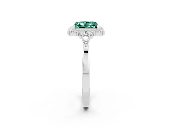 White gold Princess Cut Green Sapphire Halo Ring with Pear Side Stones and Prong Setting