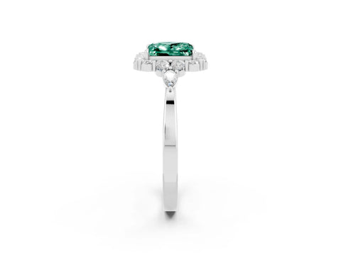 White gold Princess Cut Green Sapphire Halo Ring with Pear Side Stones and Prong Setting_26