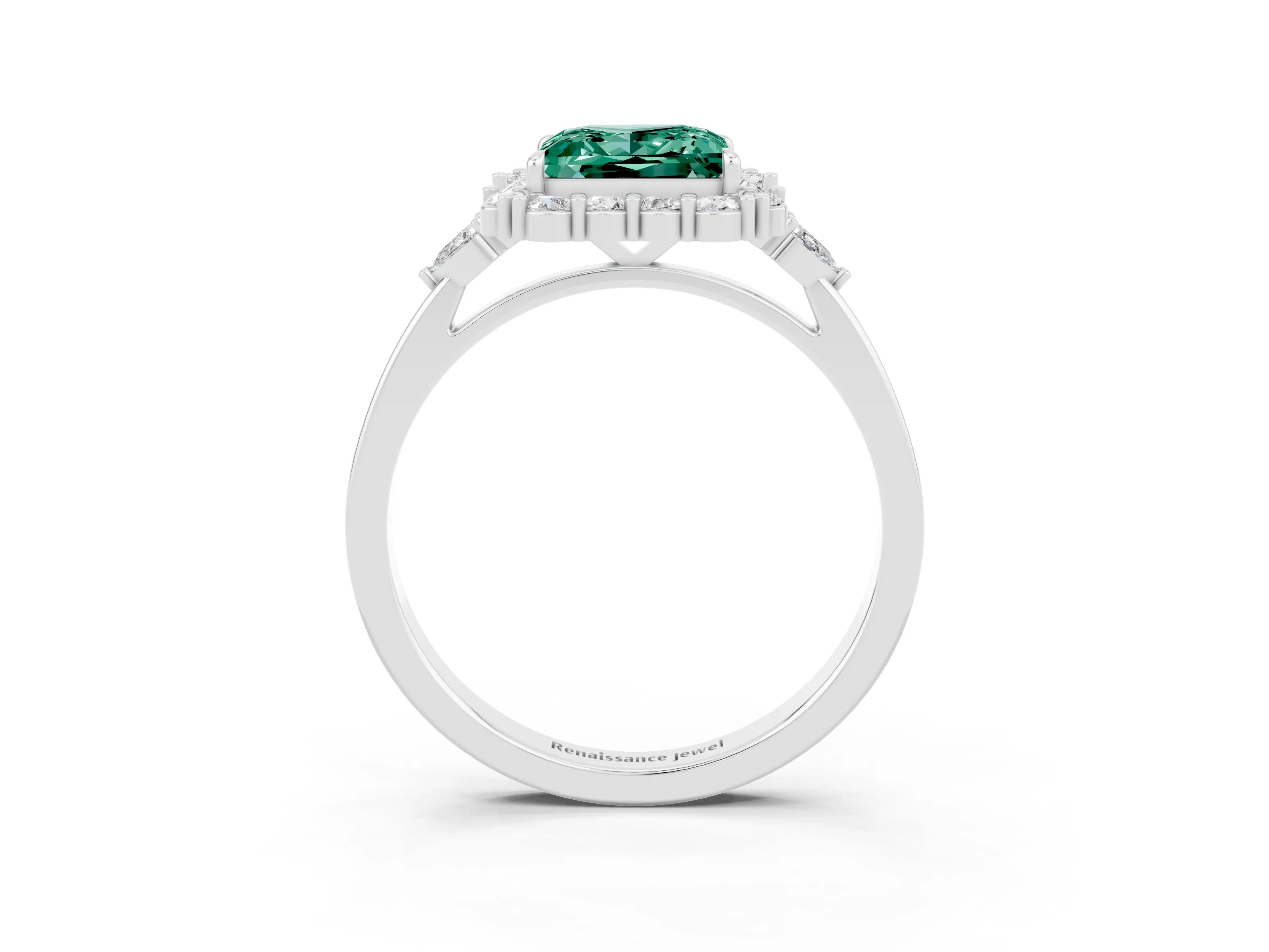 White gold Princess Cut Green Sapphire Halo Ring with Pear Side Stones and Prong Setting_27