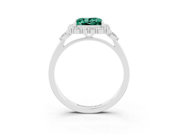 White gold Princess Cut Green Sapphire Halo Ring with Pear Side Stones and Prong Setting