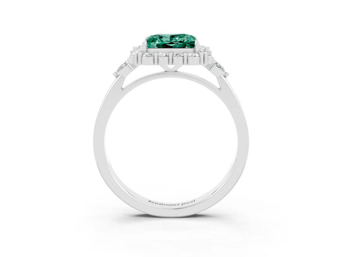 White gold Princess Cut Green Sapphire Halo Ring with Pear Side Stones and Prong Setting_27