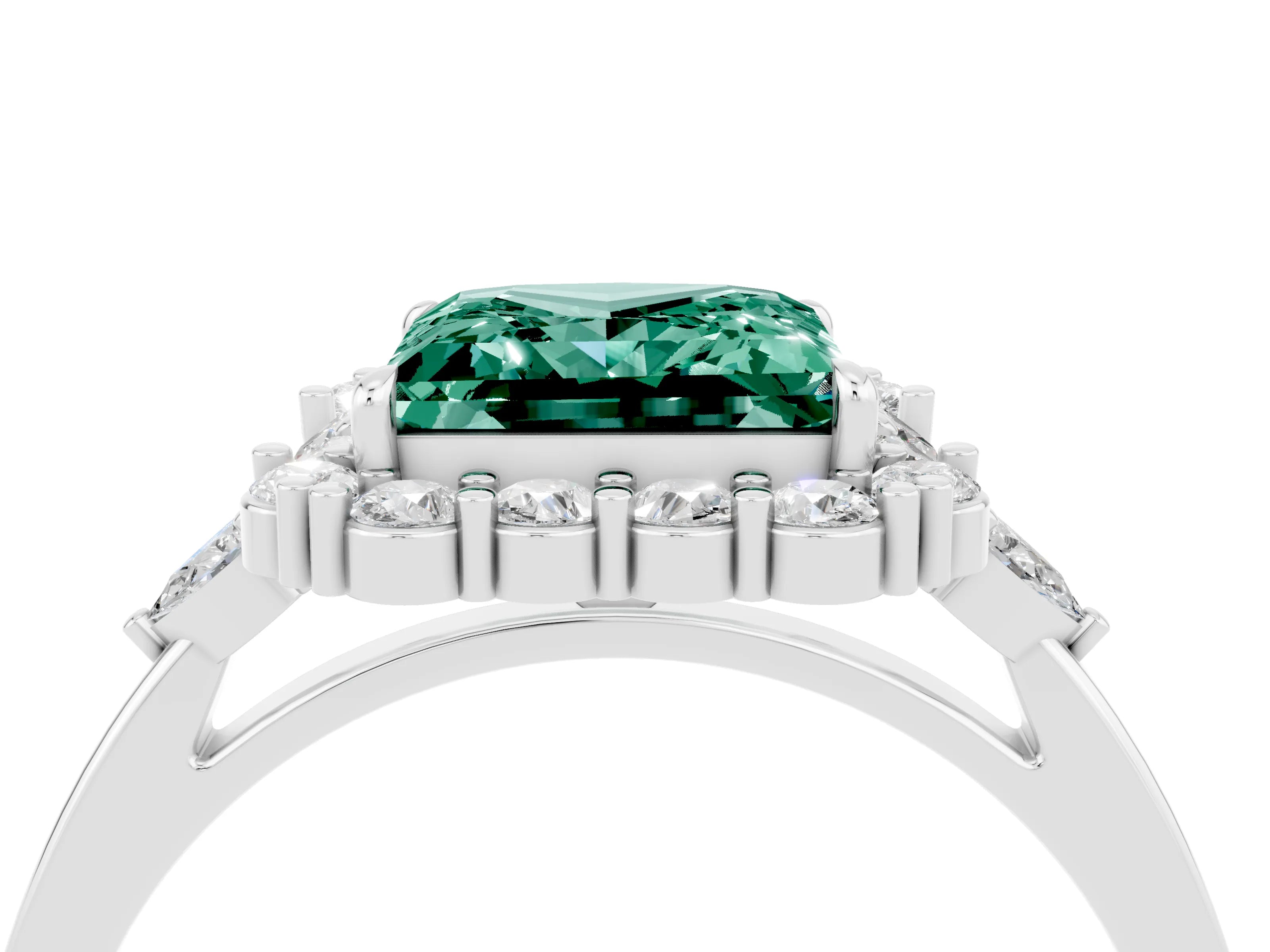 White gold Princess Cut Green Sapphire Halo Ring with Pear Side Stones and Prong Setting_28
