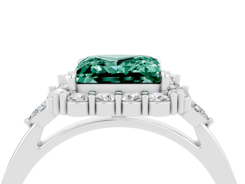 White gold Princess Cut Green Sapphire Halo Ring with Pear Side Stones and Prong Setting_28