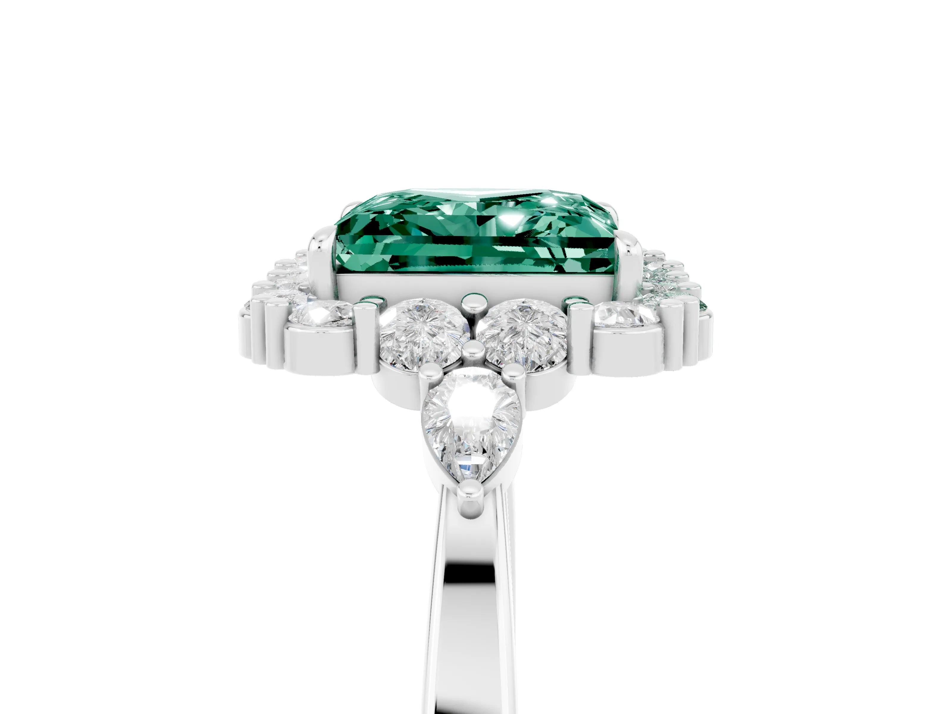 White gold Princess Cut Green Sapphire Halo Ring with Pear Side Stones and Prong Setting_29