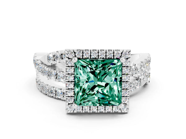 White gold Princess Cut Green Sapphire Halo Ring with Round Split Shank and Prong Setting