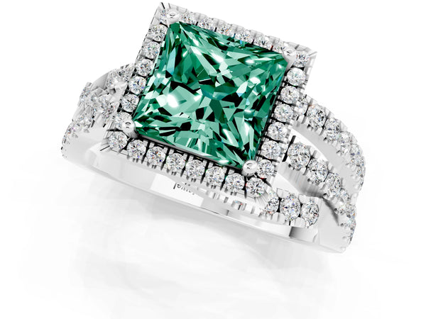 Silver Princess Cut Green Sapphire Halo Ring with Round Split Shank and Prong Setting