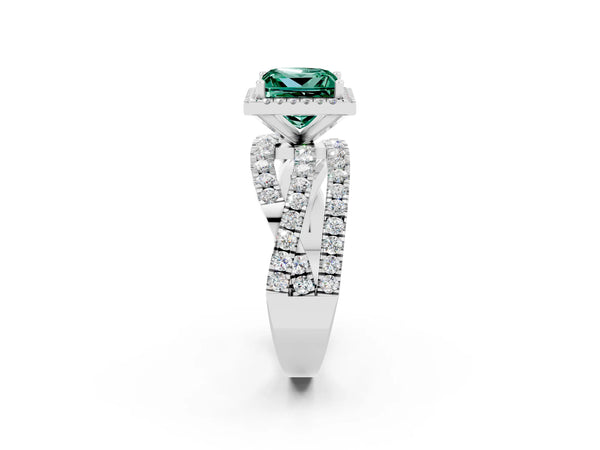 Platinum Princess Cut Green Sapphire Halo Ring with Round Split Shank and Prong Setting