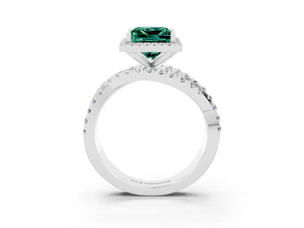 White gold Princess Cut Green Sapphire Halo Ring with Round Split Shank and Prong Setting