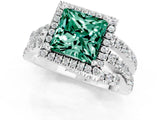 White gold Princess Cut Green Sapphire Halo Ring with Round Split Shank and Prong Setting_61
