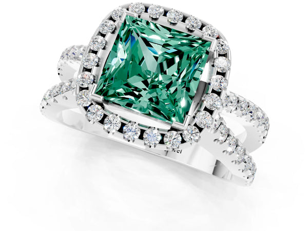 Silver Princess Cut Green Sapphire Halo Ring with Split Shank Pavé Band and Prong Setting