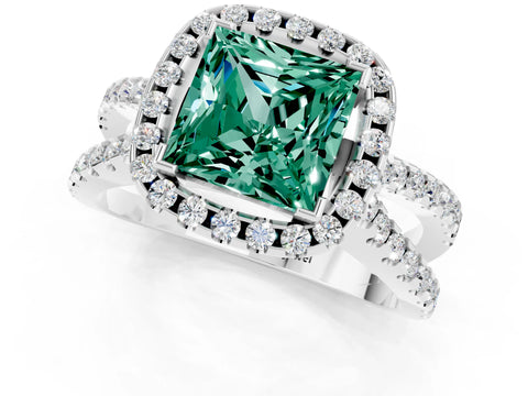 White gold Princess Cut Green Sapphire Halo Ring with Split Shank Pavé Band and Prong Setting_1