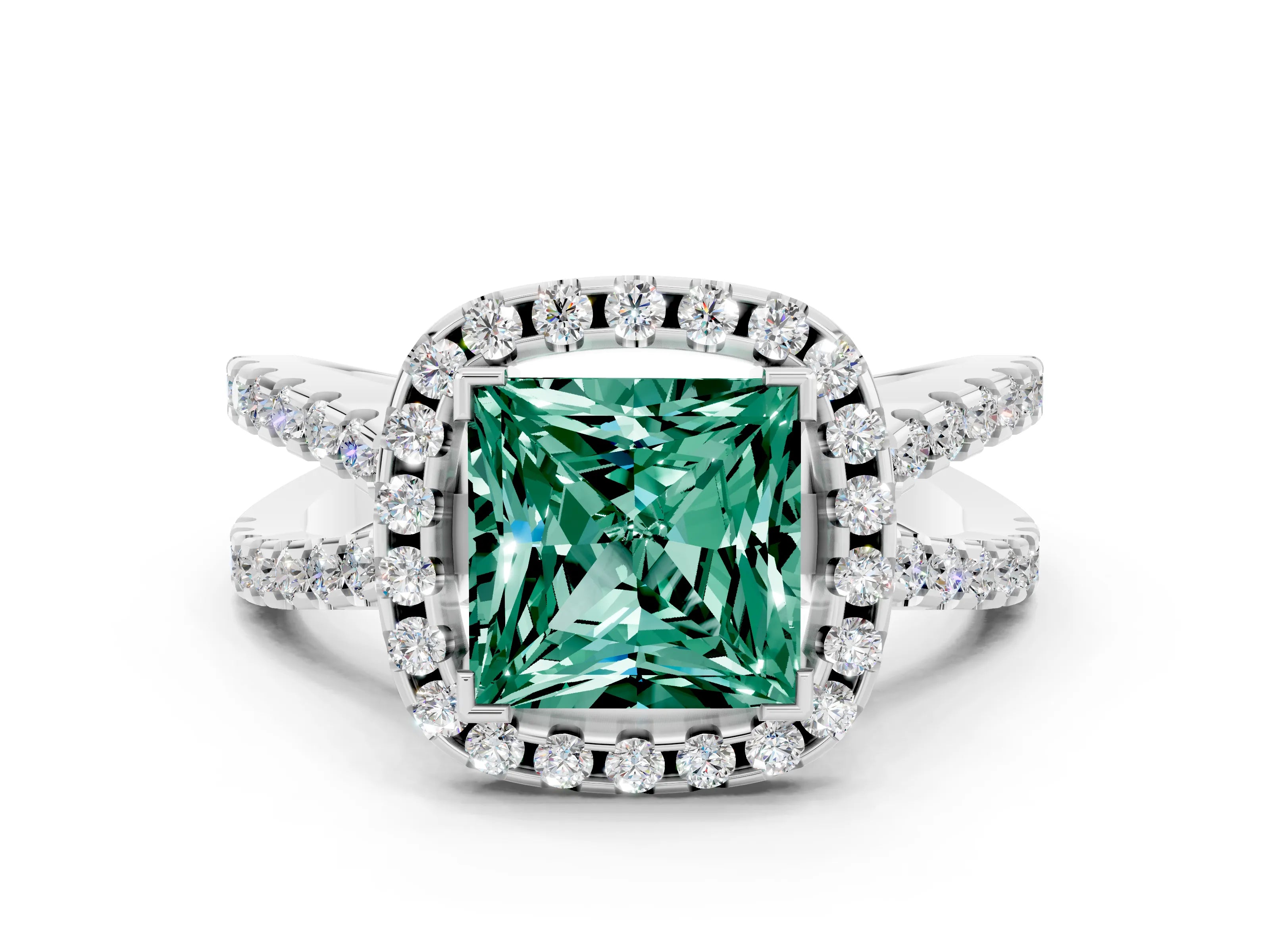White gold Princess Cut Green Sapphire Halo Ring with Split Shank Pavé Band and Prong Setting