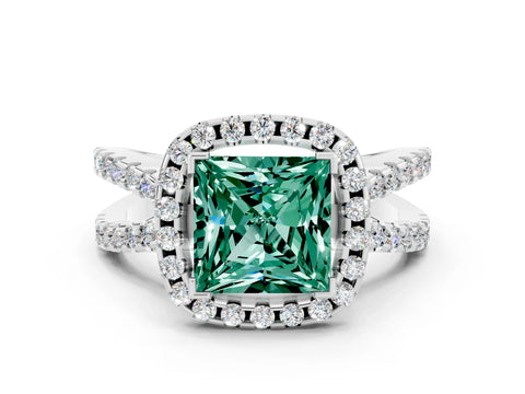 White gold Princess Cut Green Sapphire Halo Ring with Split Shank Pavé Band and Prong Setting