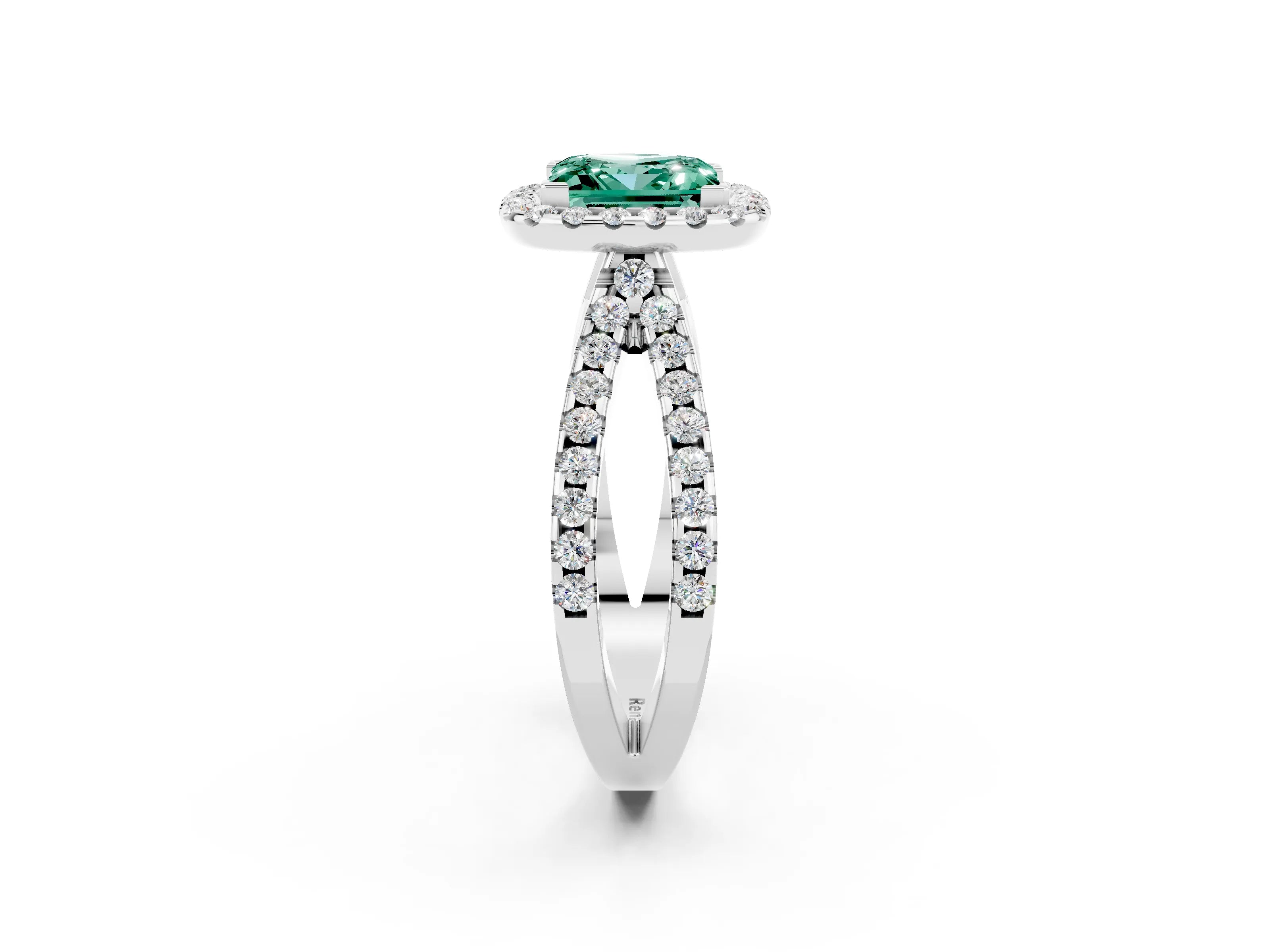 White gold Princess Cut Green Sapphire Halo Ring with Split Shank Pavé Band and Prong Setting_2