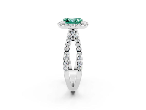 Silver Princess Cut Green Sapphire Halo Ring with Split Shank Pavé Band and Prong Setting