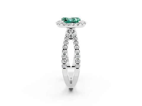 White gold Princess Cut Green Sapphire Halo Ring with Split Shank Pavé Band and Prong Setting_2
