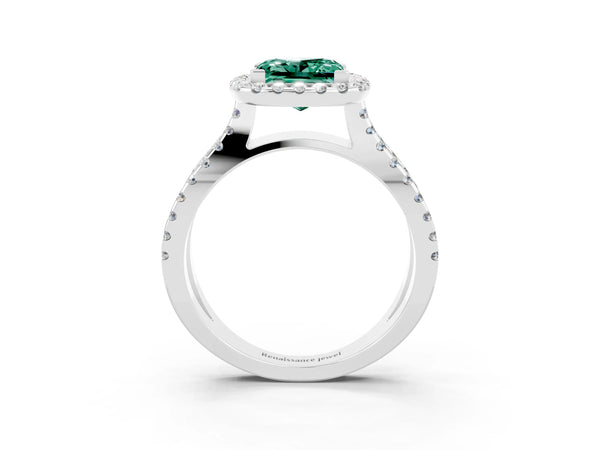 Platinum Princess Cut Green Sapphire Halo Ring with Split Shank Pavé Band and Prong Setting