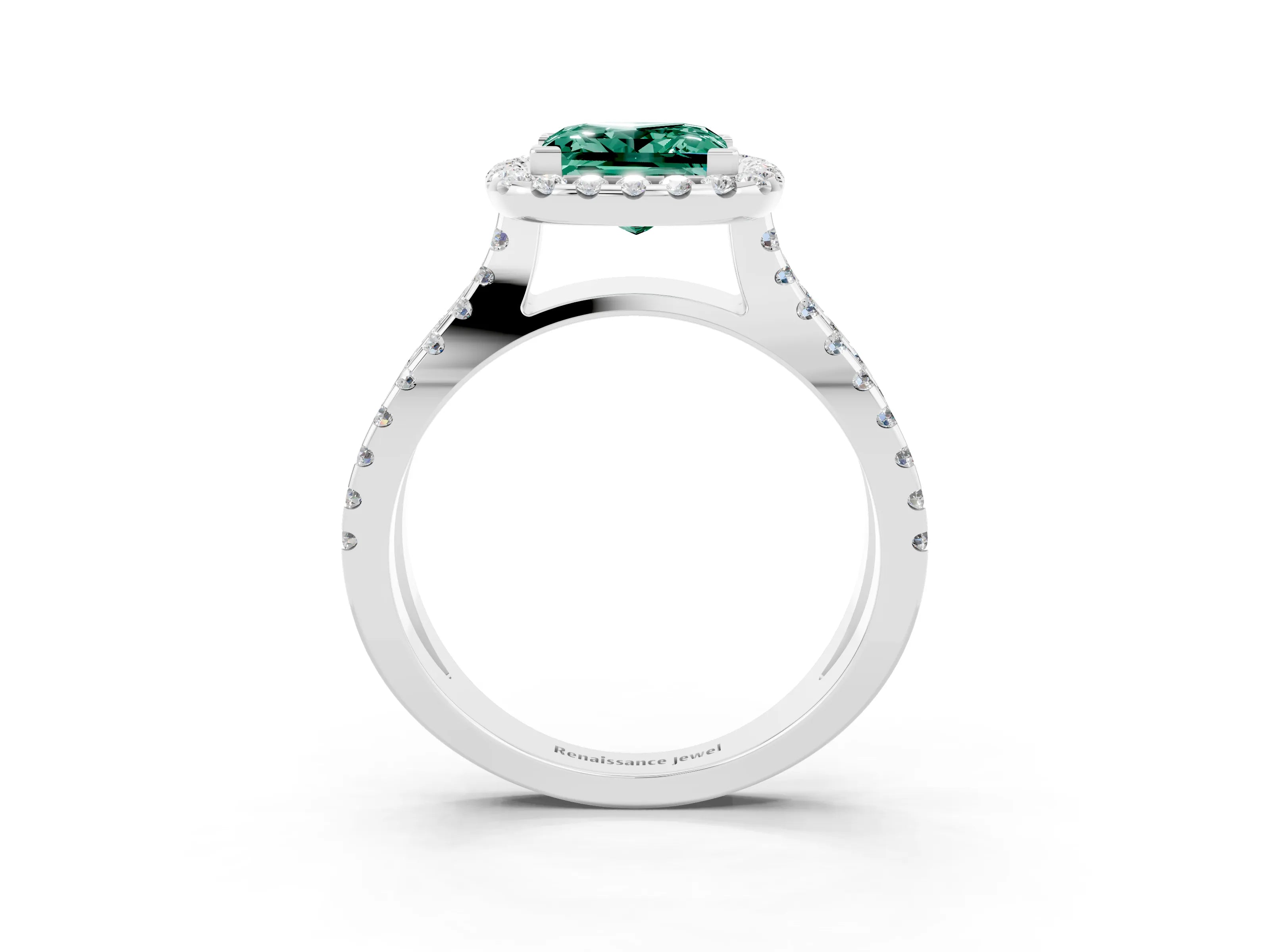 White gold Princess Cut Green Sapphire Halo Ring with Split Shank Pavé Band and Prong Setting_3