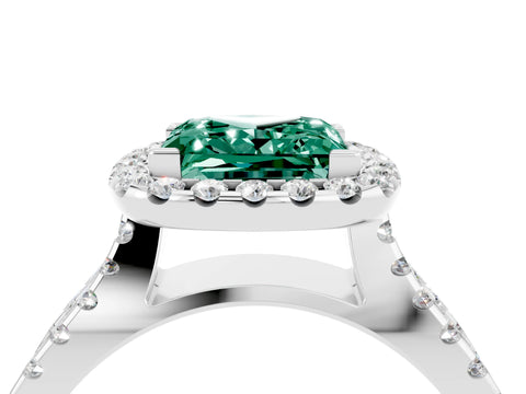 White gold Princess Cut Green Sapphire Halo Ring with Split Shank Pavé Band and Prong Setting_4