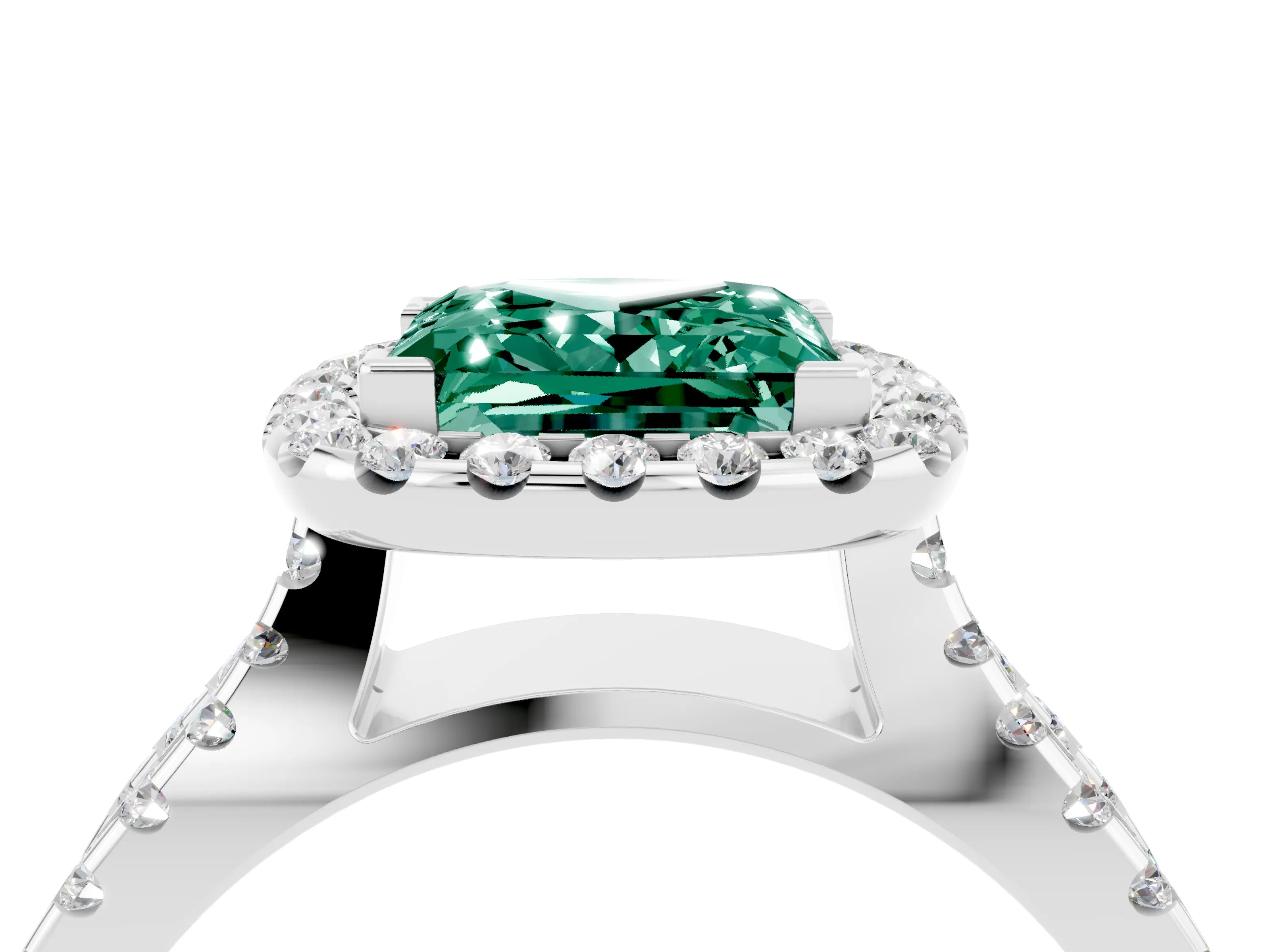 White gold Princess Cut Green Sapphire Halo Ring with Split Shank Pavé Band and Prong Setting_4