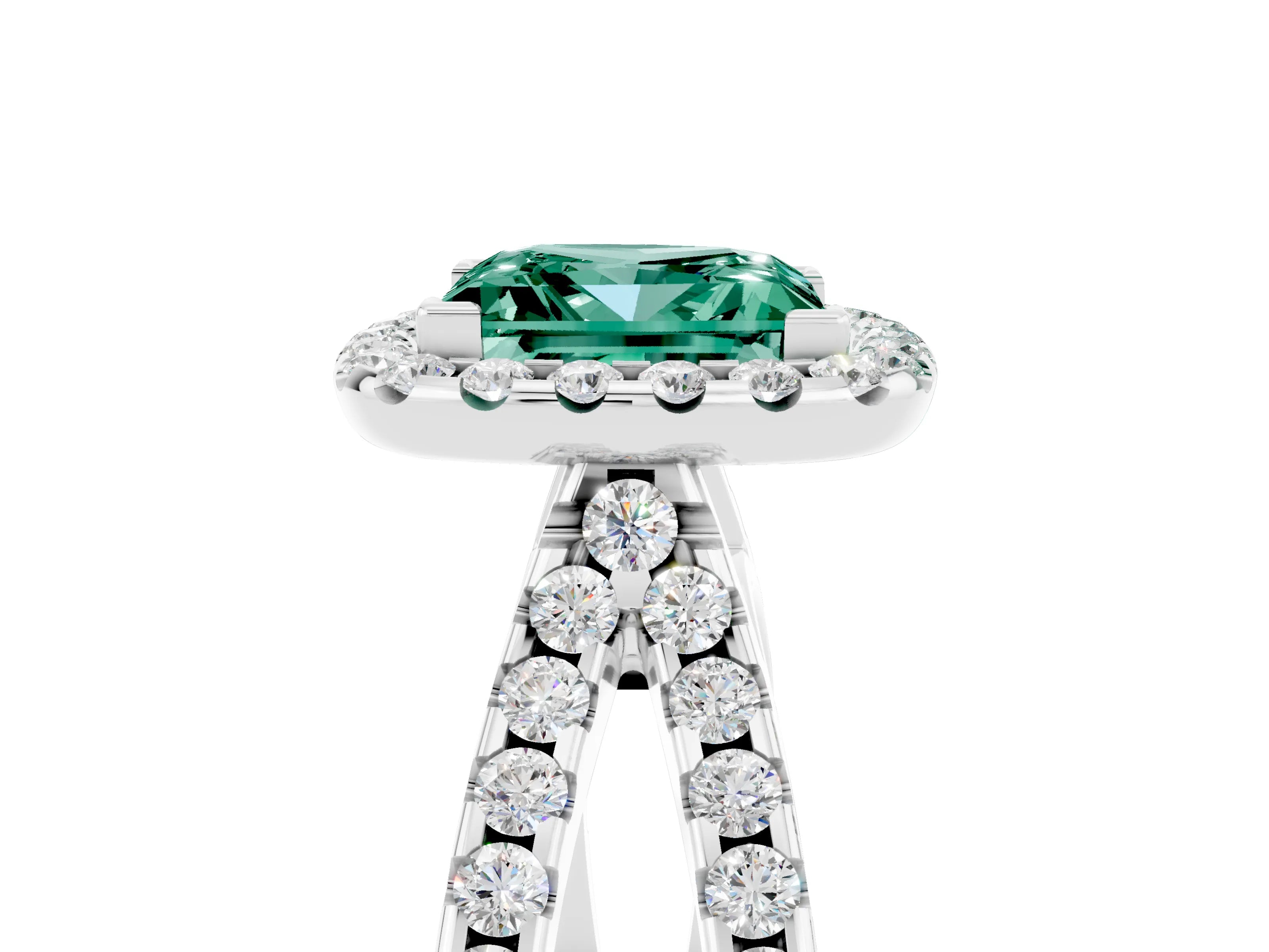 White gold Princess Cut Green Sapphire Halo Ring with Split Shank Pavé Band and Prong Setting_5