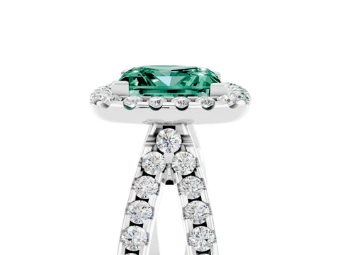 White gold Princess Cut Green Sapphire Halo Ring with Split Shank Pavé Band and Prong Setting_5